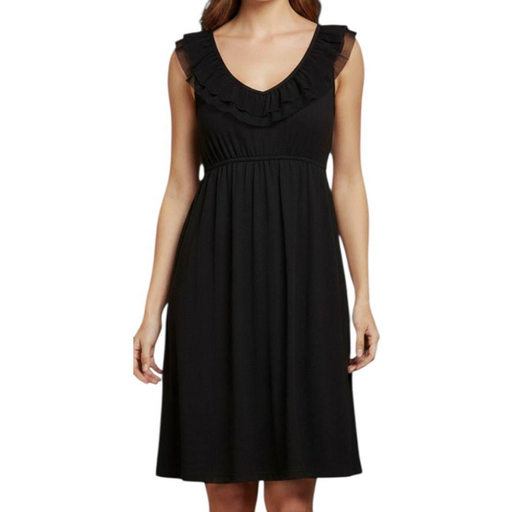 ANN TAYLOR LOFT Black Jersey TANK DRESS Elastic Waist CHIFFON RUFFLE sz XSP XS-P